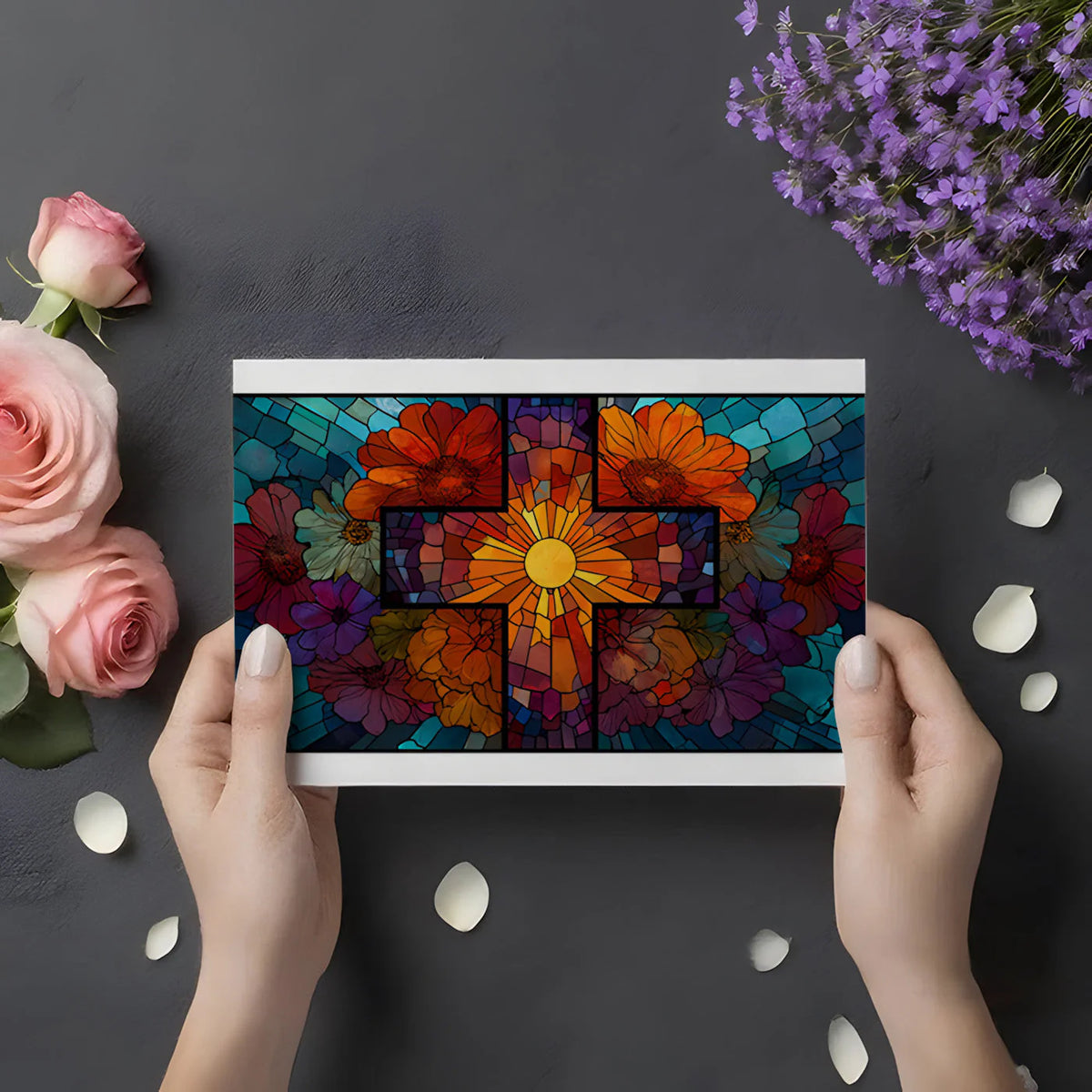 Radiant Floral Cross Stained Glass Mural Wallpaper - room preview 02