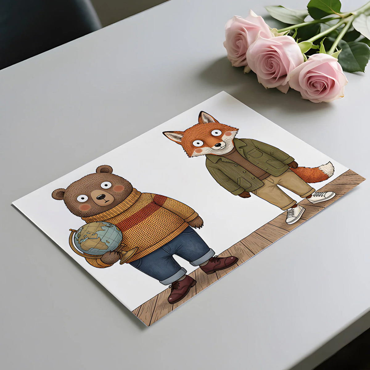 Illustrated Bear and Fox Friends Mural Wallpaper - room preview 02