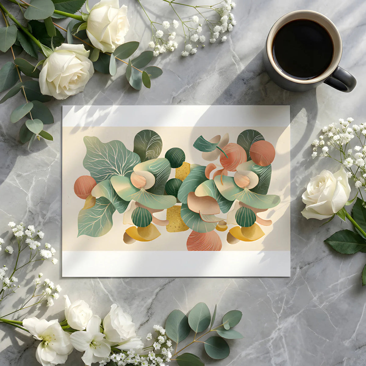 Abstract Organic Foliage Mural Wallpaper in Soft Sage and Salmon Mural Wallpaper - room preview 02