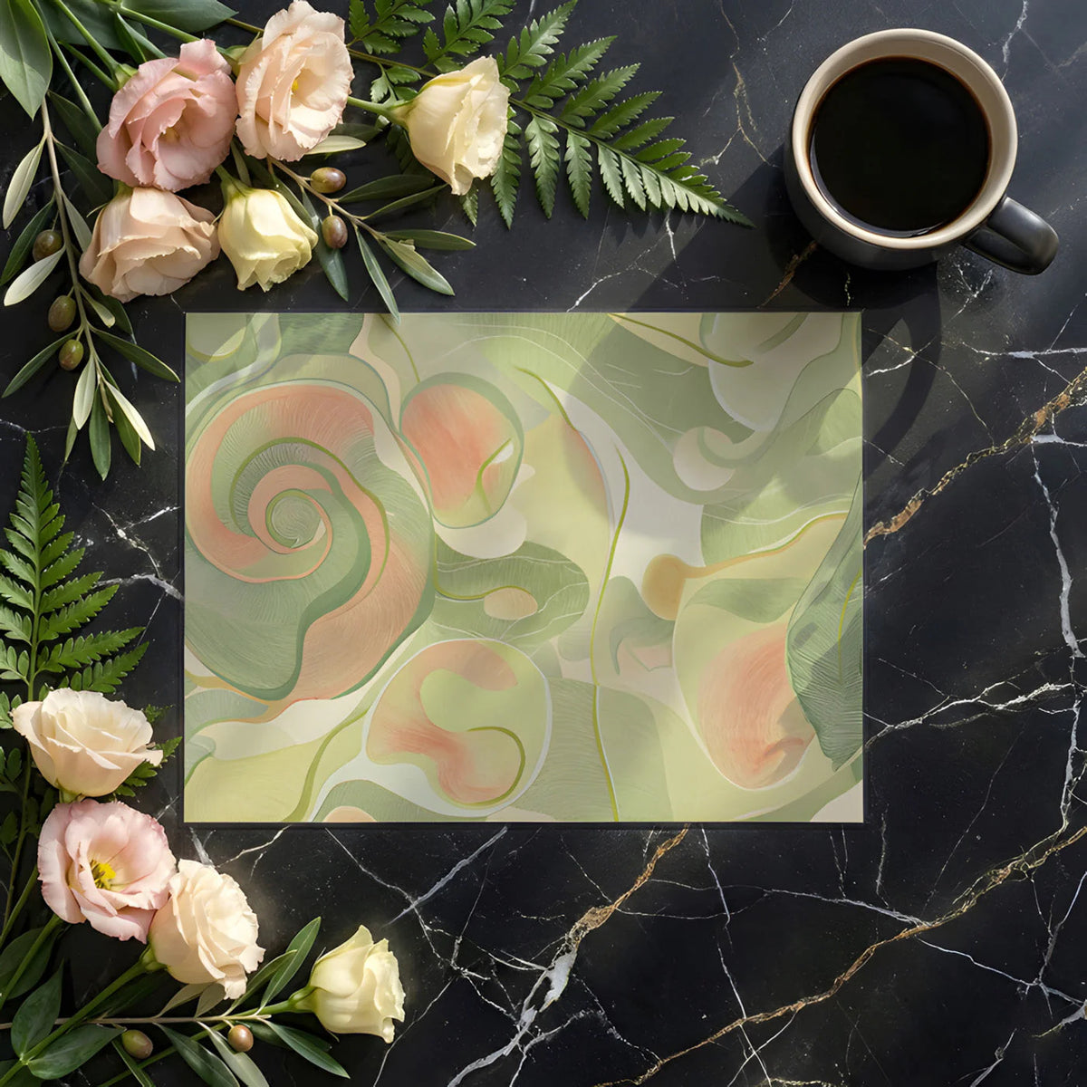 Abstract Swirl Mural Wallpaper — Soft Sage and Peach Linear Art Mural Wallpaper - room preview 02