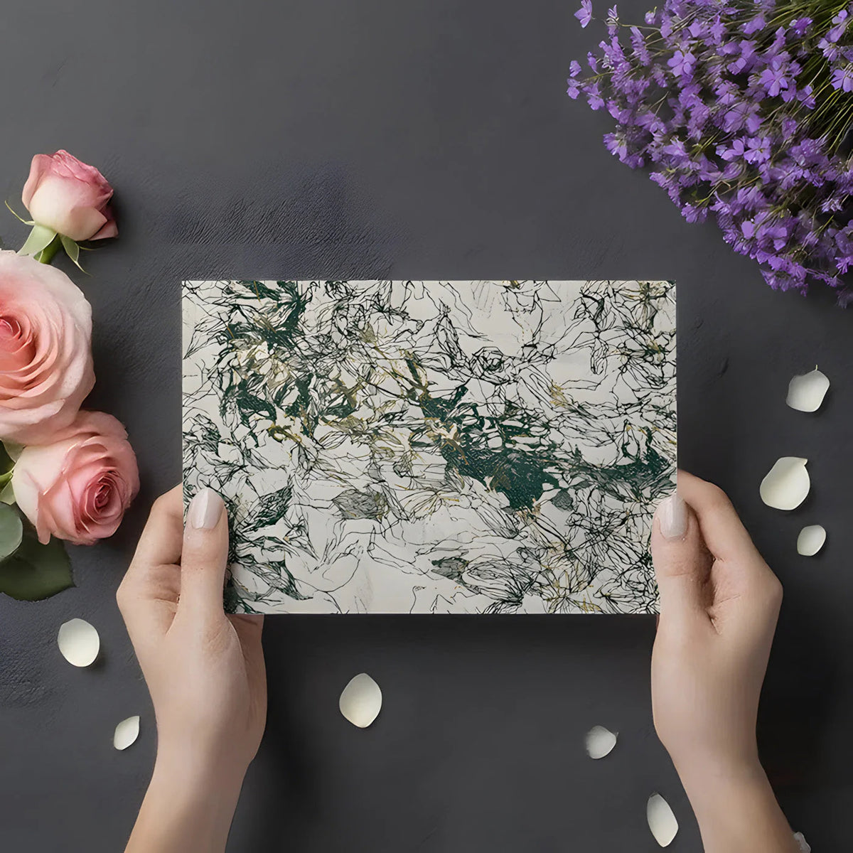 Abstract Ink Botanical Mural Wallpaper in Forest Green and Gold Mural Wallpaper - room preview 02
