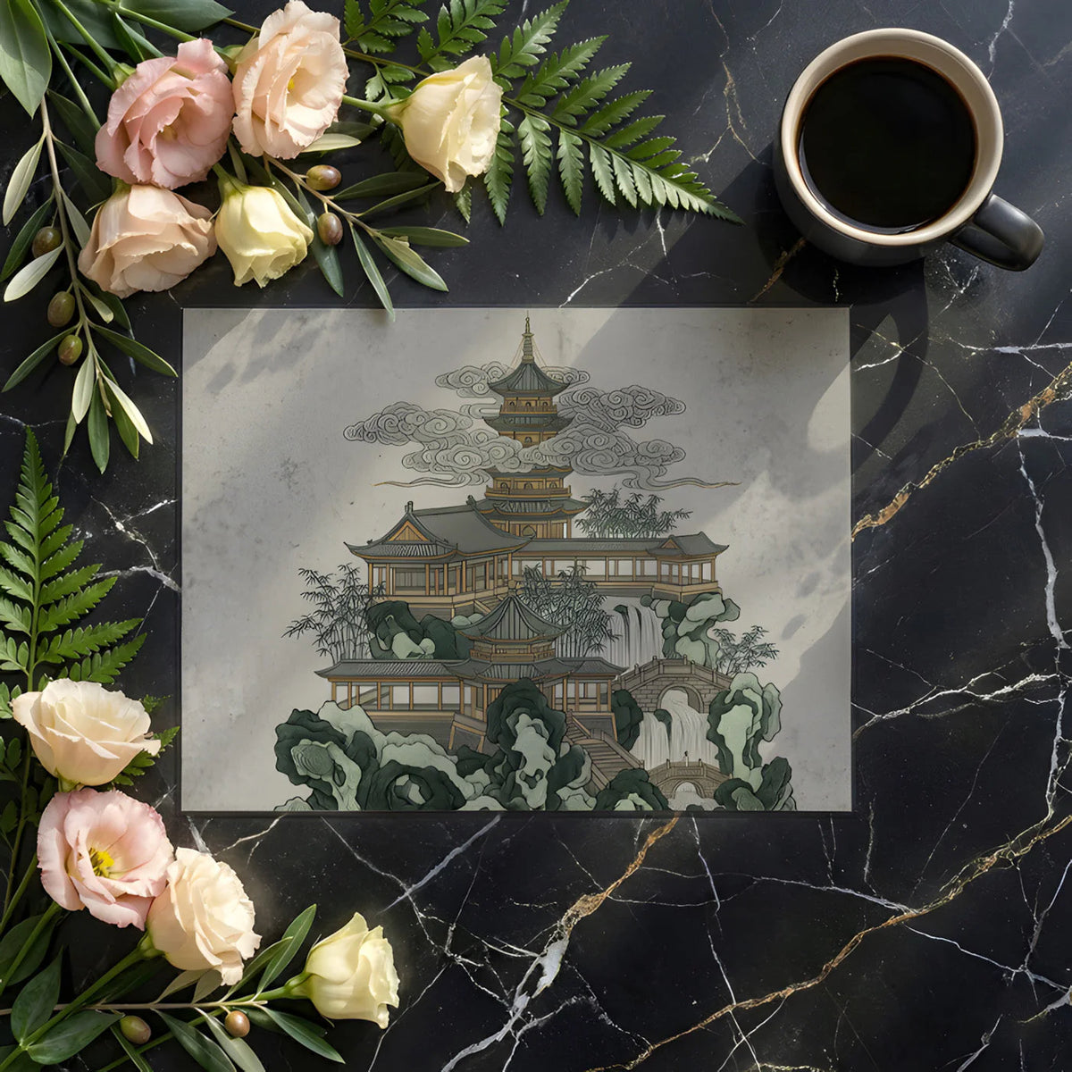 Oriental Pagoda Mountain Landscape Mural Wallpaper - room preview 02