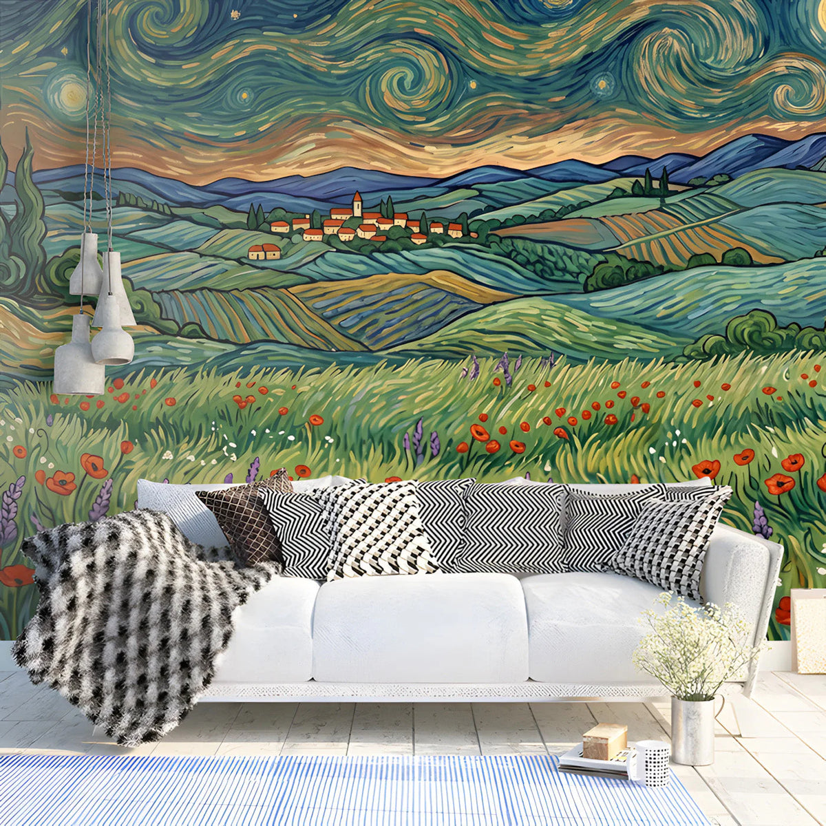 Van Gogh Inspired Countryside Mural Wallpaper — Impressionist Landscape Mural Wallpaper - room preview 02