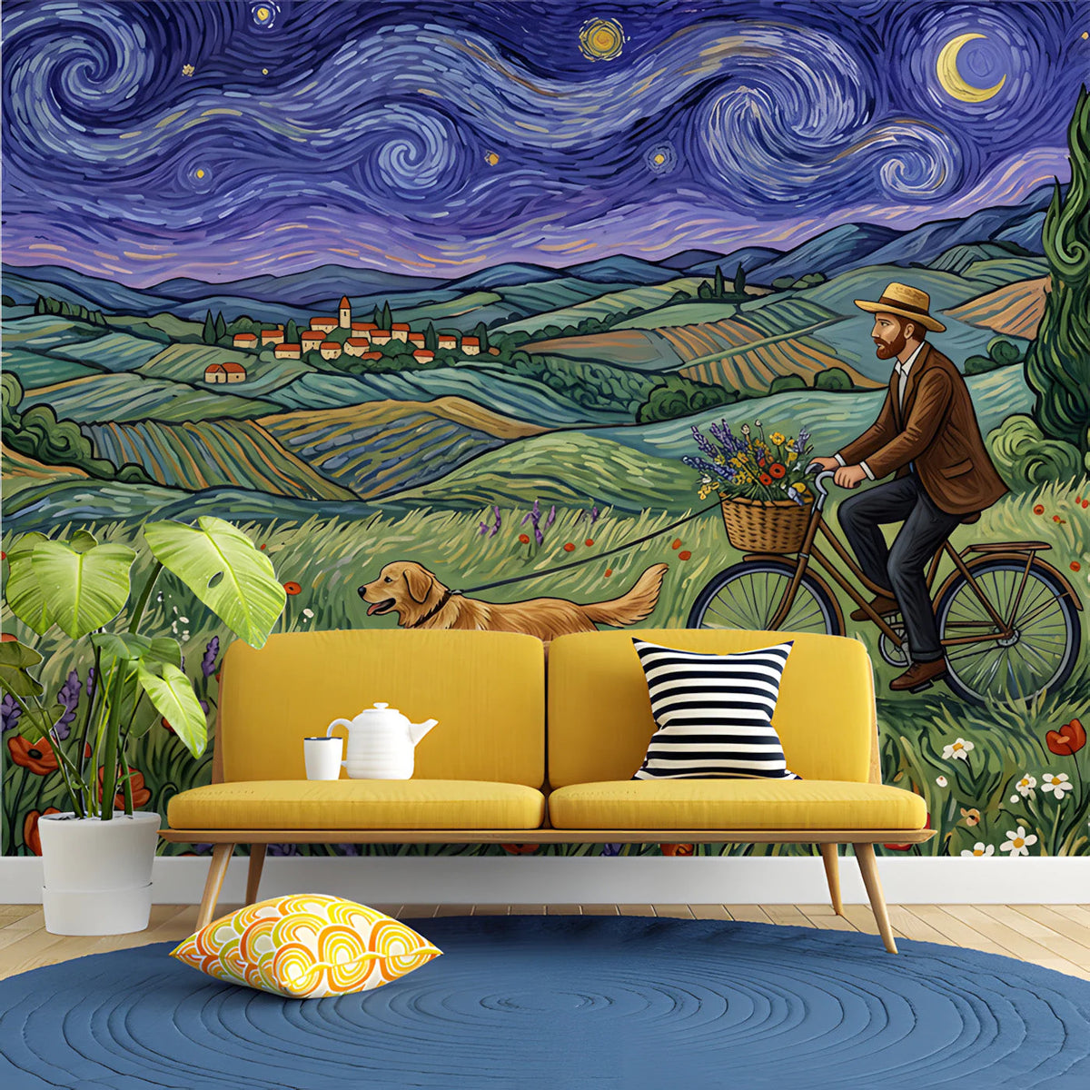 Van Gogh Inspired Countryside Mural Wallpaper with Cyclist Mural Wallpaper - room preview 02