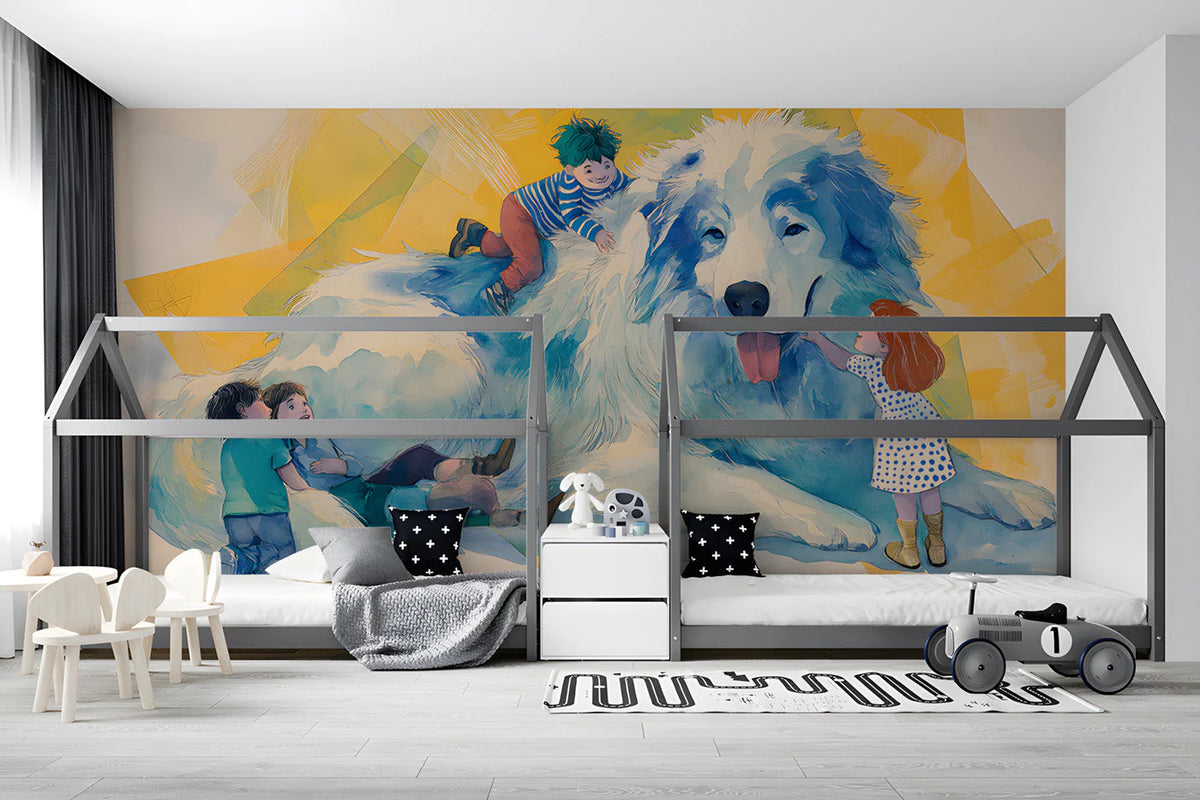 Giant Dog Playtime Mural Wallpaper — Artistic Childhood Illustration Mural Wallpaper - room preview 02
