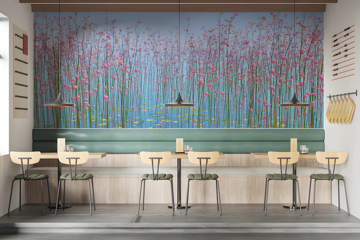 Floating Pink Meadow Mural Wallpaper — Whimsical Floral Art Mural Wallpaper - room preview 02