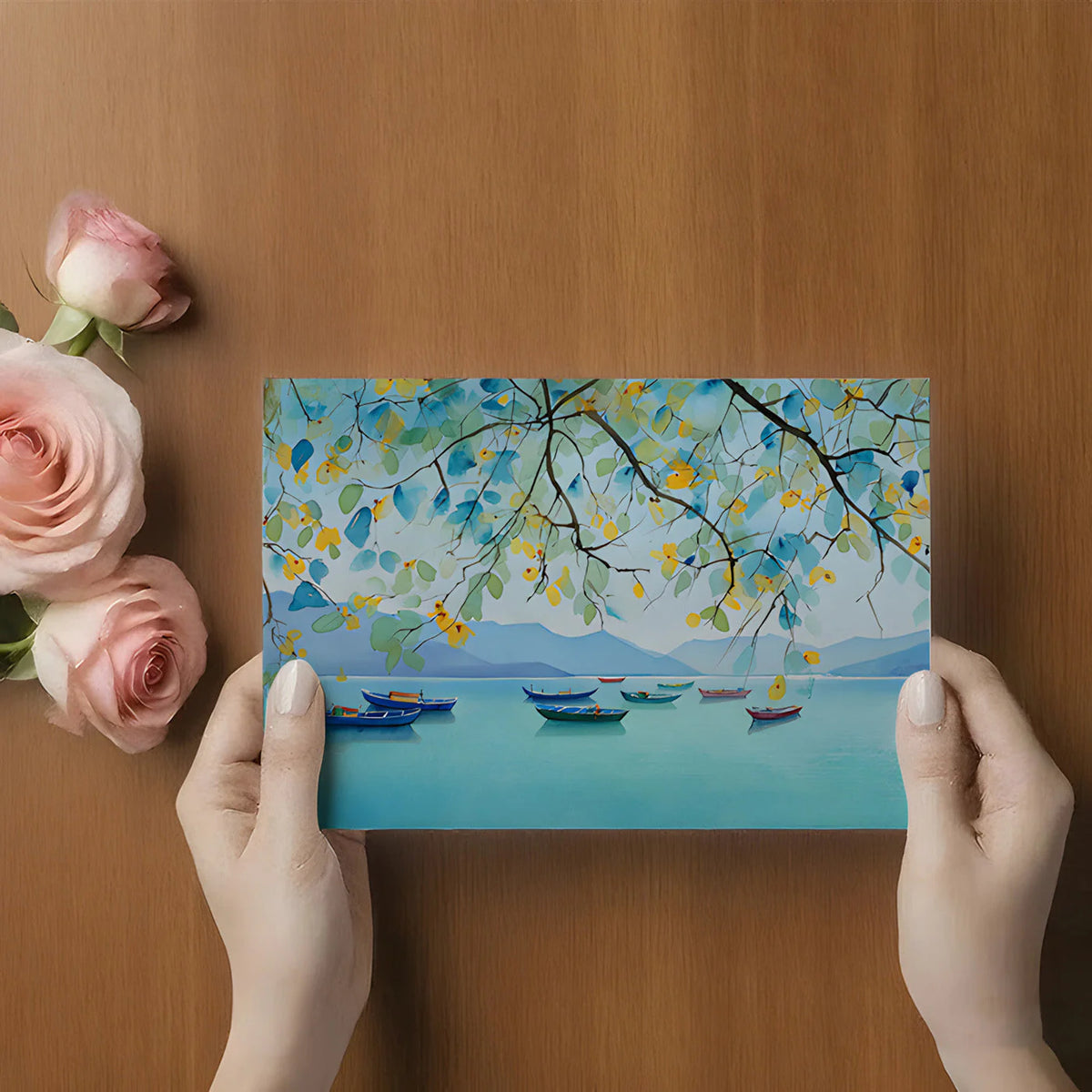 Watercolor Lake Boats Mural Wallpaper — Calm Coastal Blue Scene Mural Wallpaper - room preview 02