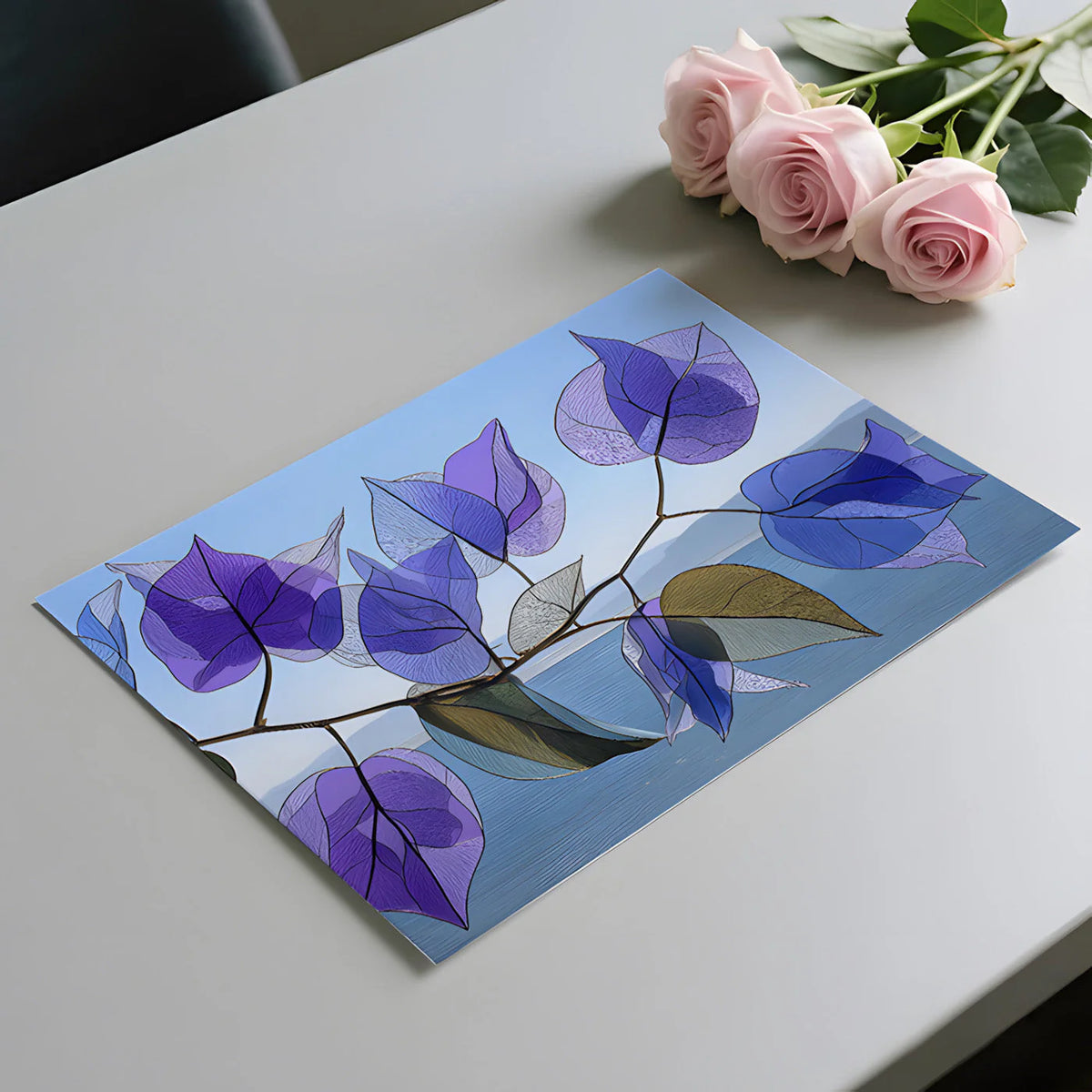 Ethereal Bougainvillea Botanical Mural Wallpaper — Blue and Violet Mural Wallpaper - room preview 02