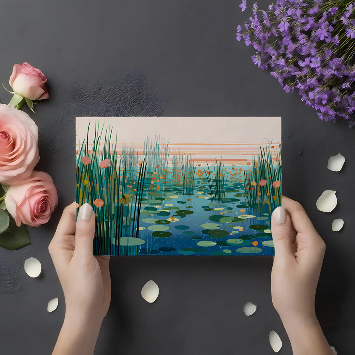 Marshland Sunset Mural Wallpaper with Water Lilies Mural Wallpaper - room preview 02