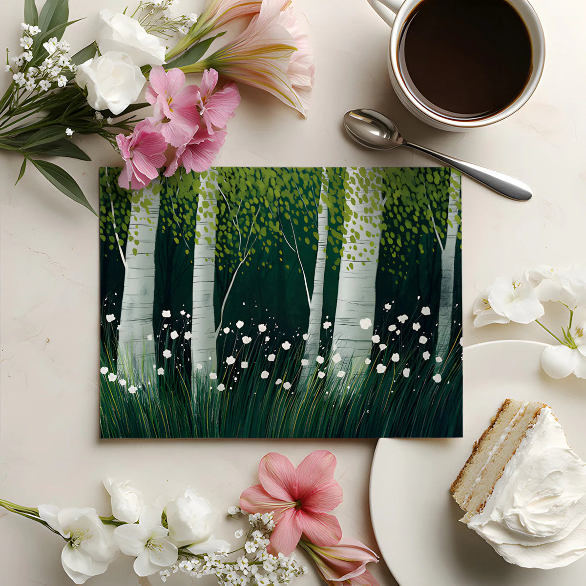 Birch Forest Mural Wallpaper with White Wildflowers Mural Wallpaper - room preview 02