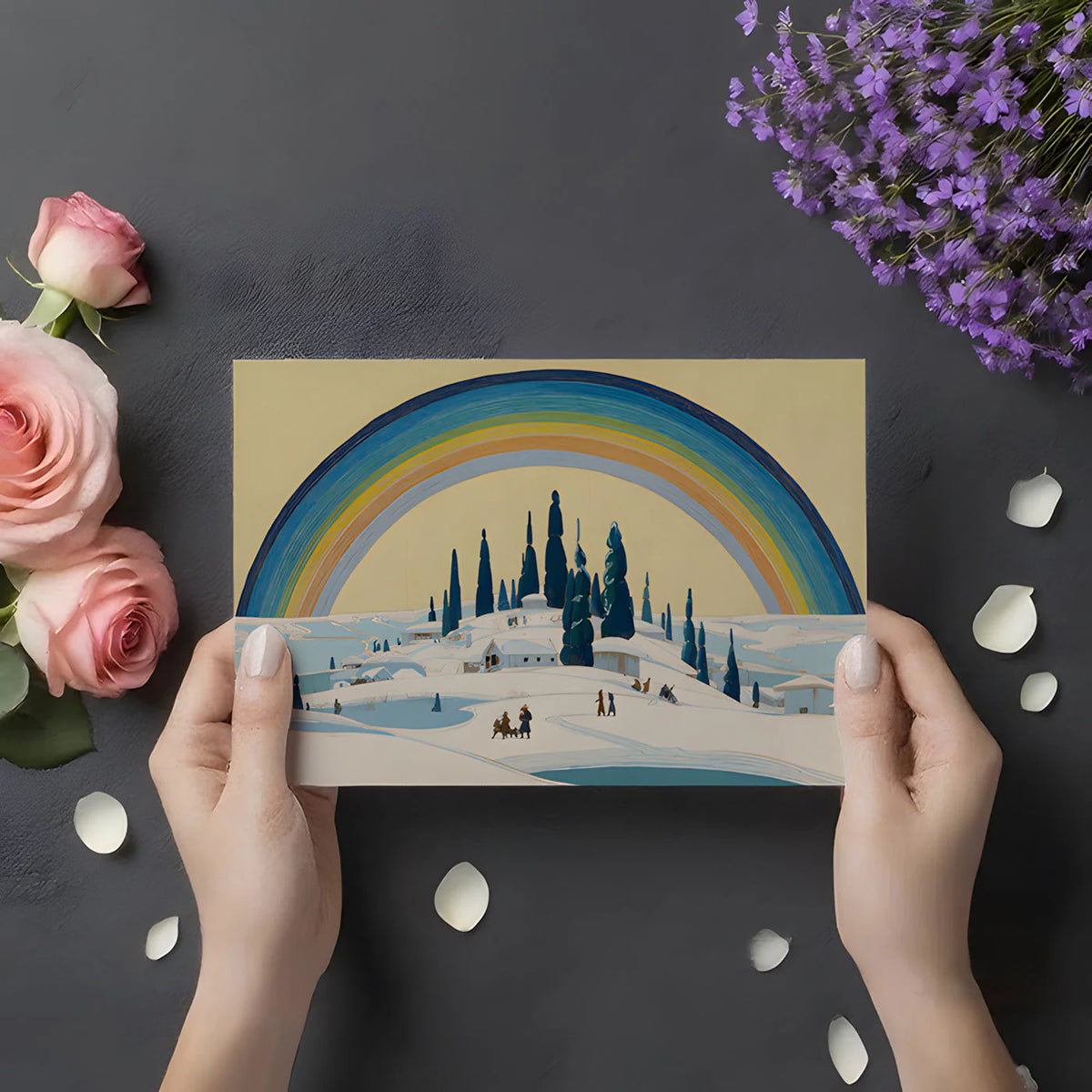 Winter Village Landscape Mural Wallpaper with Rainbow Arch Mural Wallpaper - room preview 02