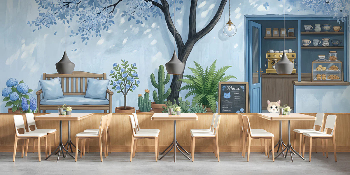 Blue Blossom Cafe Mural Wallpaper with Whimsical Cat Illustration Mural Wallpaper - room preview 02