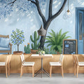 Blue Blossom Cafe Mural Wallpaper with Whimsical Cat Illustration Mural Wallpaper - room preview 02