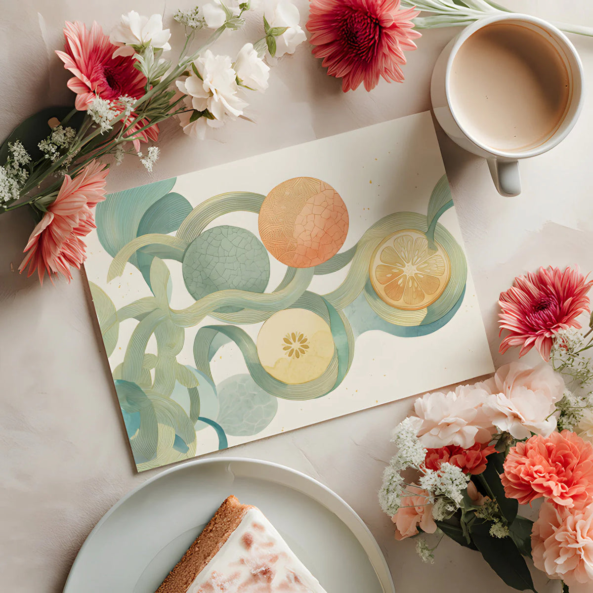 Abstract Citrus Flow Mural Wallpaper — Organic Botanical Design Mural Wallpaper - room preview 02