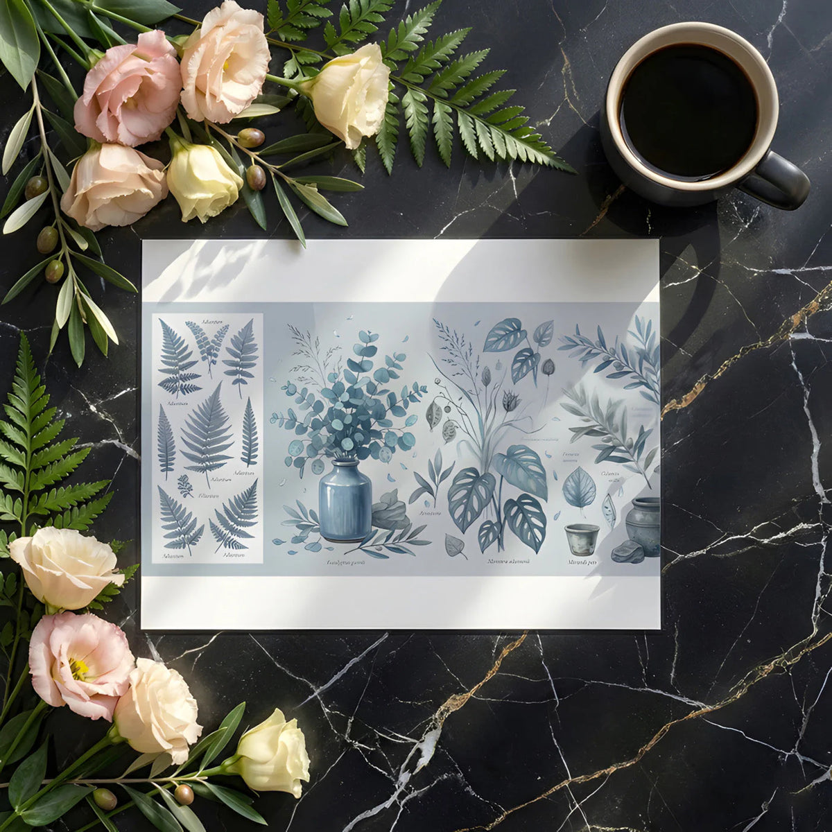 Botanical Sketch Mural Wallpaper — Blue Monochromatic Art Mural Wallpaper - room preview 02