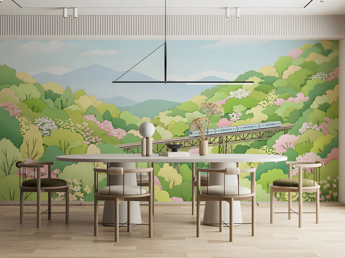 Mountain Train Scenic Mural Wallpaper — Playful Nature Landscape Mural Wallpaper - room preview 02