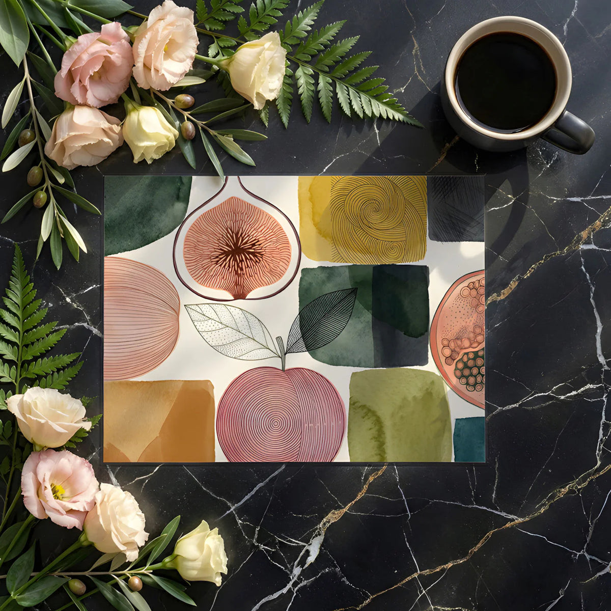 Modern Botanical Fruit Mural Wallpaper in Earthy Watercolor Tones Mural Wallpaper - room preview 02
