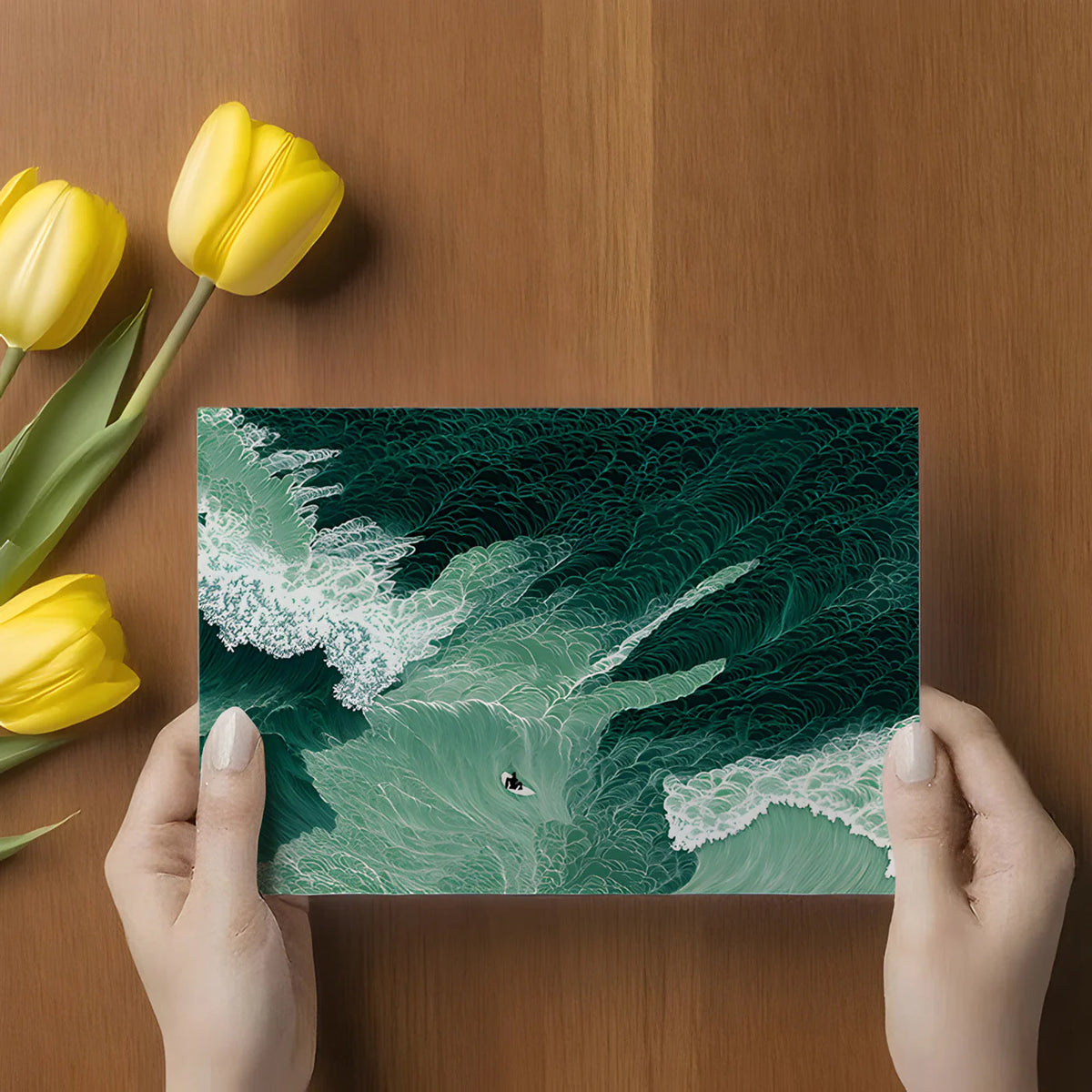 Surfer on Deep Green Waves Mural Wallpaper — Ink Illustration Style Mural Wallpaper - room preview 02