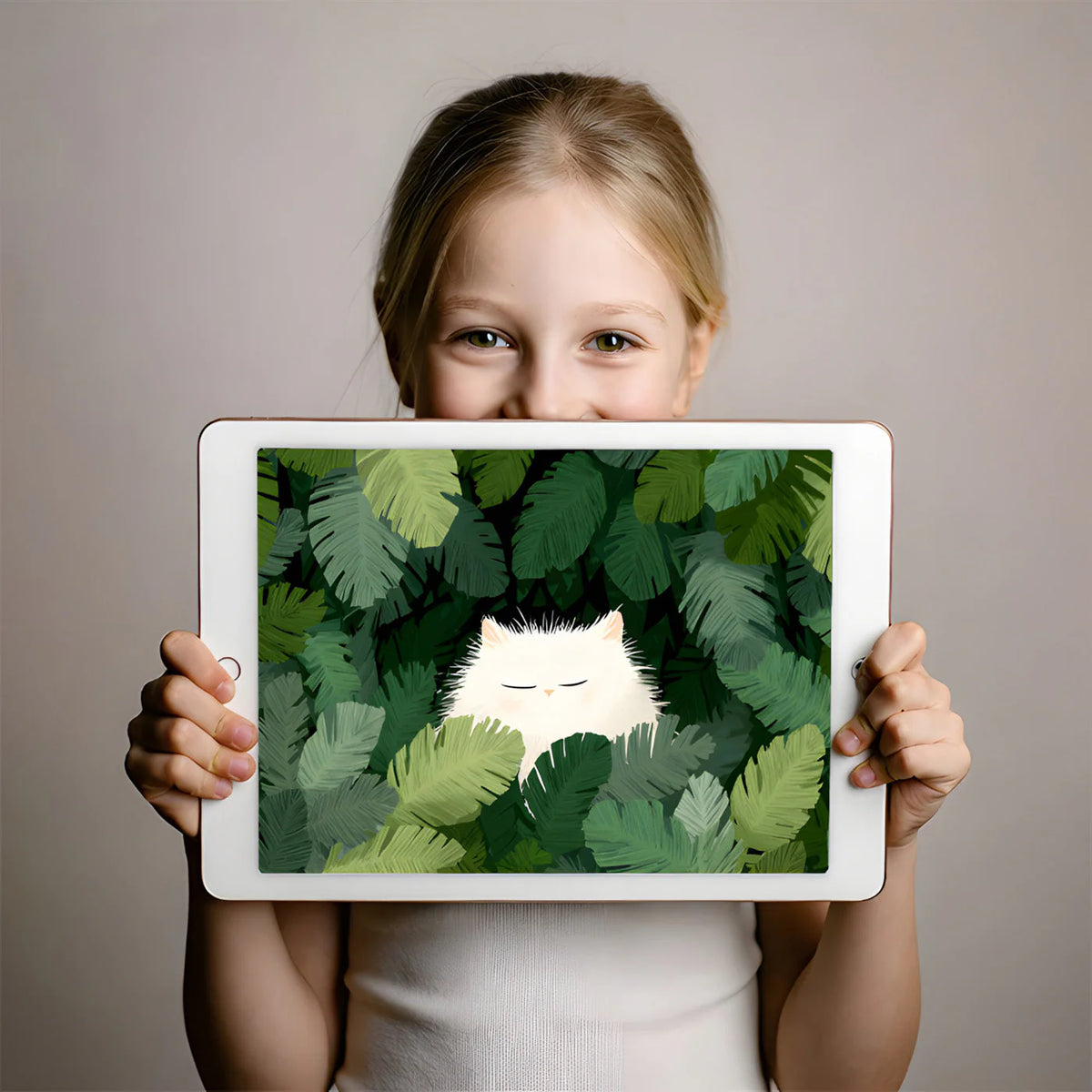 Sleepy White Cat in Tropical Foliage Mural Wallpaper - room preview 02