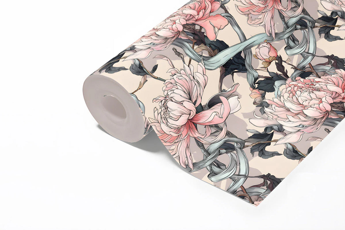 Chrysanthemum and Ribbon Mural Wallpaper — Art Nouveau Floral Mural Wallpaper - room preview 02