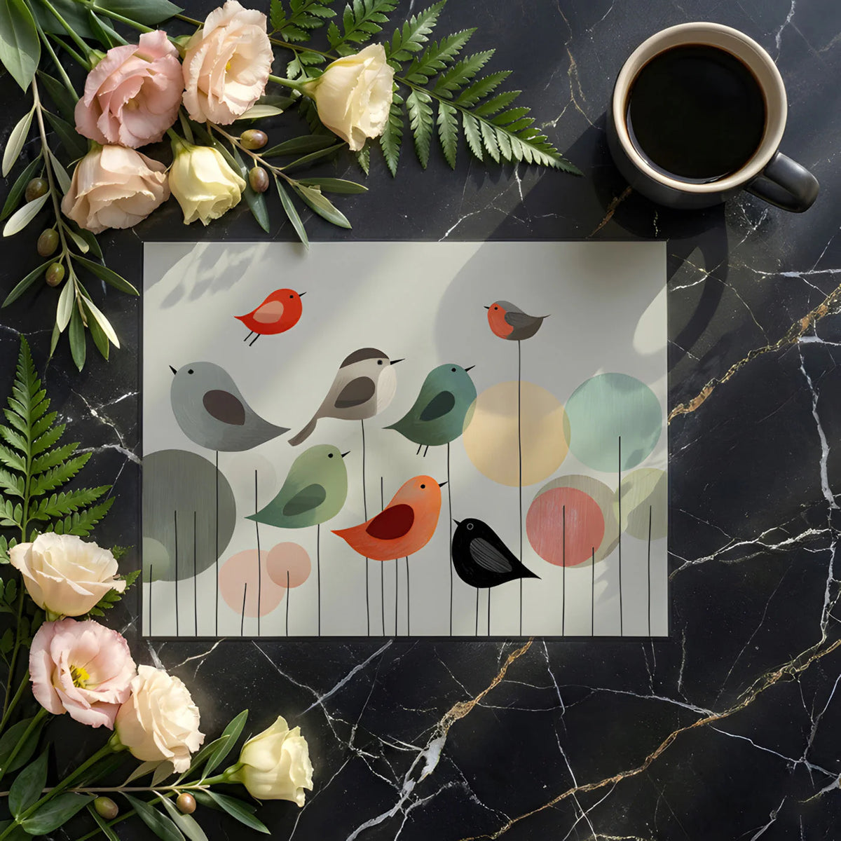 Whimsical Bird and Geometric Circle Mural Wallpaper - room preview 02