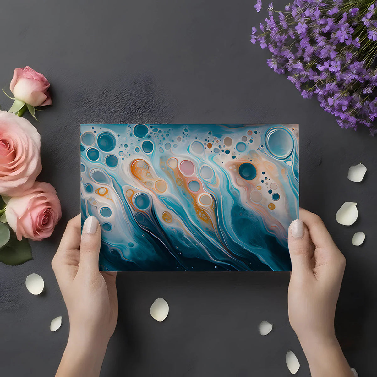 Fluid Motion Teal and Amber Abstract Mural Wallpaper - room preview 02