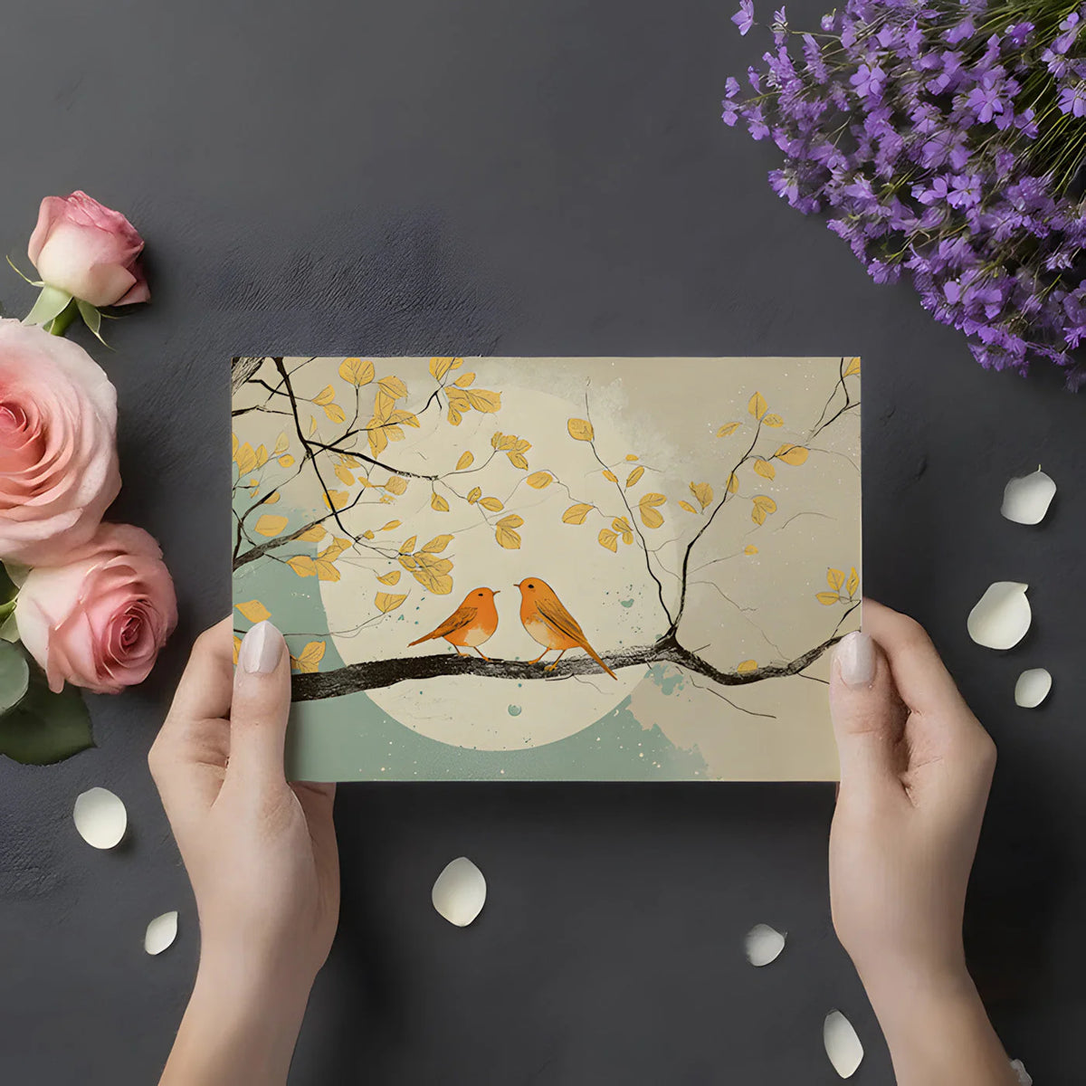 Golden Songbird Nature Mural Wallpaper — Artistic Branch Motif Mural Wallpaper - room preview 02