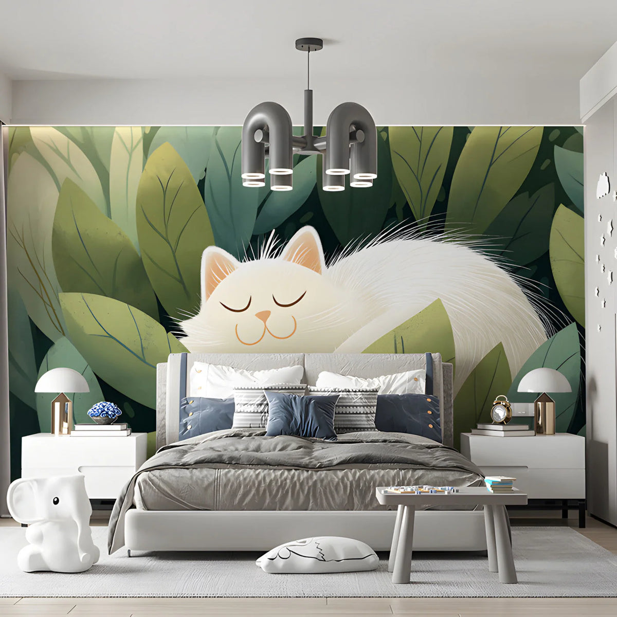 Sleeping White Cat Botanical Mural Wallpaper - room preview 02