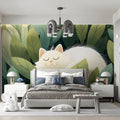 Sleeping White Cat Botanical Mural Wallpaper - room preview 02