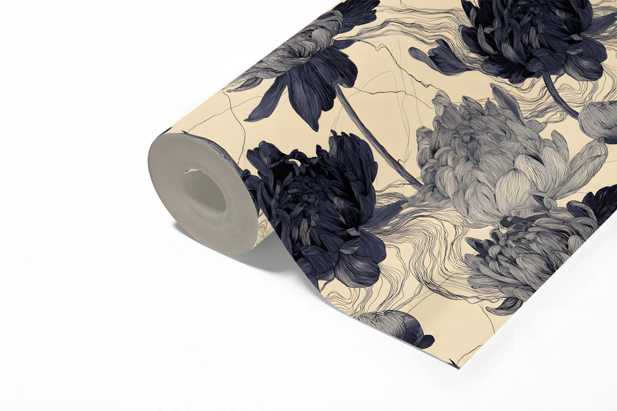 Ink Wash Peony Mural Wallpaper in Monochrome and Cream Mural Wallpaper - room preview 02