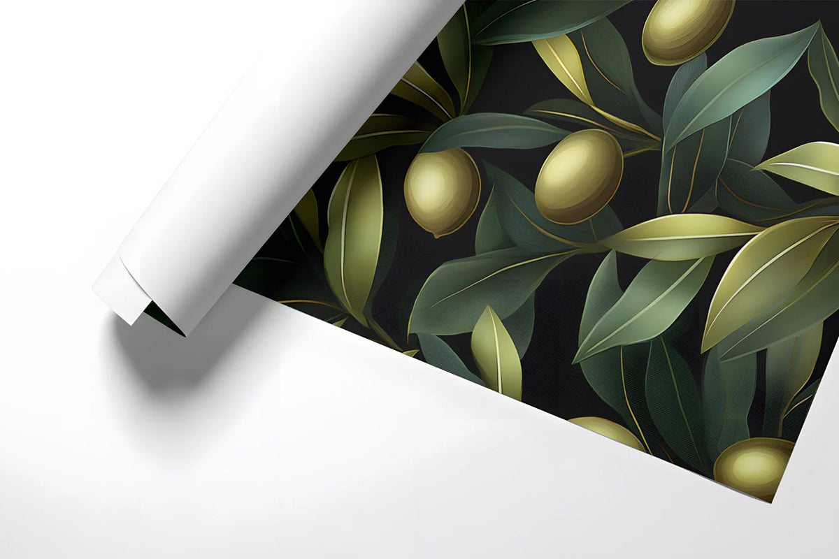 Olive Branch Botanical Mural Wallpaper — Dark Mediterranean Style Mural Wallpaper - room preview 02