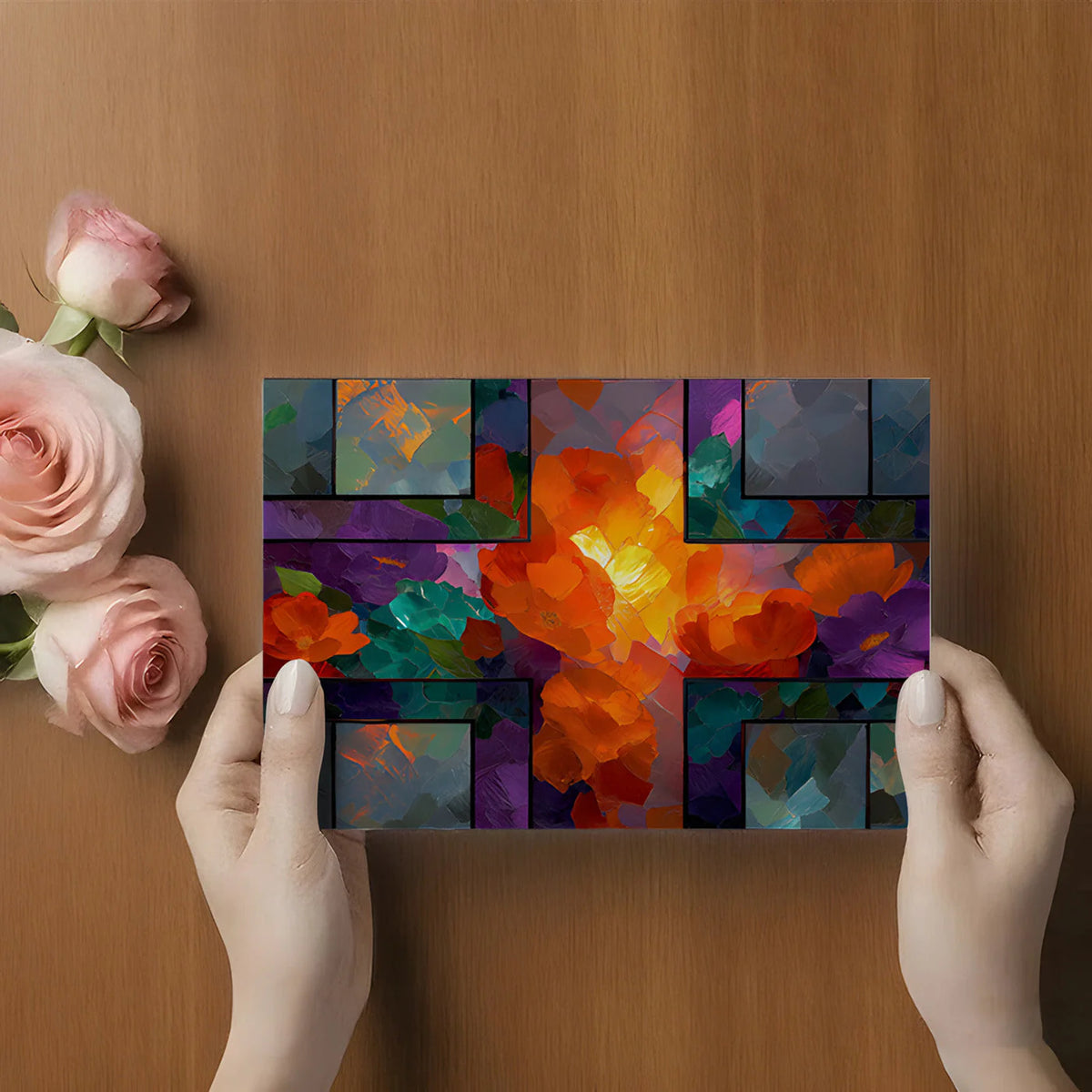 Stained Glass Floral Mural Wallpaper in Vibrant Oil Paint Style Mural Wallpaper - room preview 02