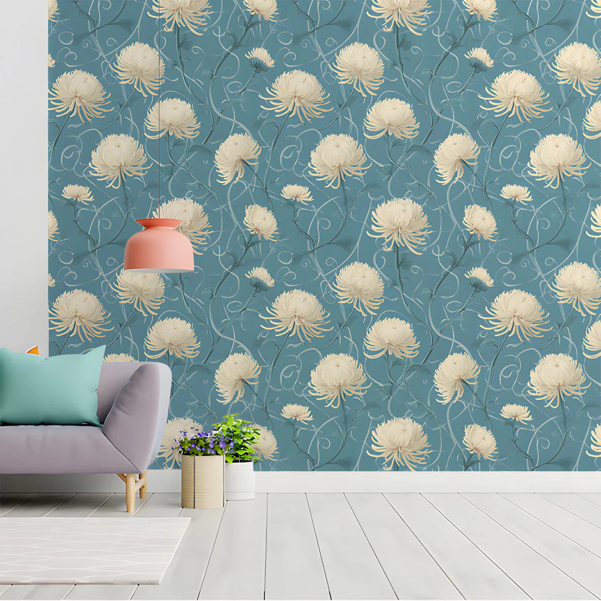 Vintage Chrysanthemum Mural Wallpaper in Dusty Blue Mural Wallpaper - room preview 02