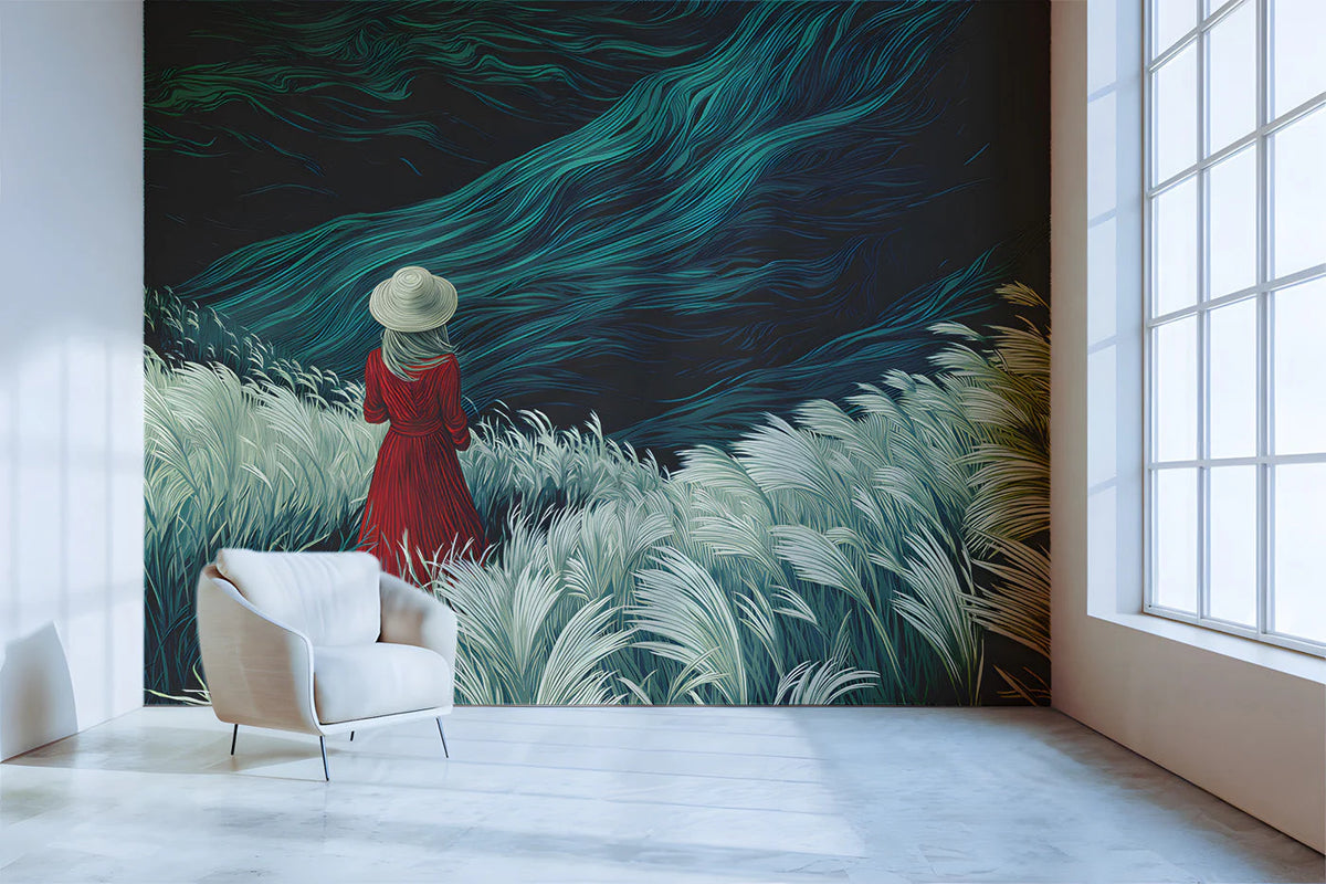 Woman in Red Dress Meadow Mural Wallpaper — Artistic Landscape Mural Wallpaper - room preview 02