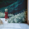 Woman in Red Dress Meadow Mural Wallpaper — Artistic Landscape Mural Wallpaper - room preview 02