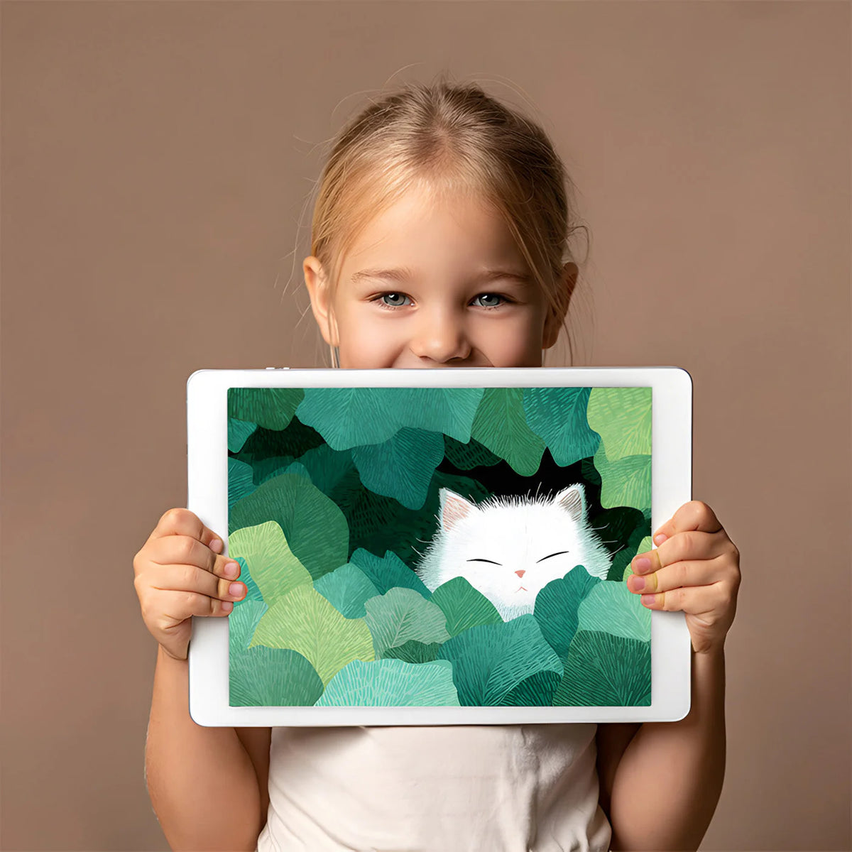 Sleepy White Cat in Tropical Leaves Mural Wallpaper - room preview 02
