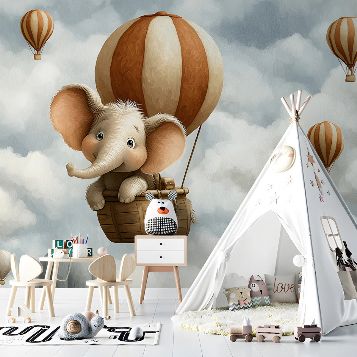 Floating Elephant Adventure Mural Wallpaper for Kids Rooms Mural Wallpaper - room preview 02