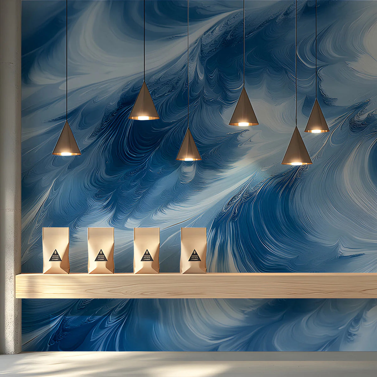 Ocean Swell Abstract Mural Wallpaper — Fluid Blue Brushstrokes Mural Wallpaper - room preview 02