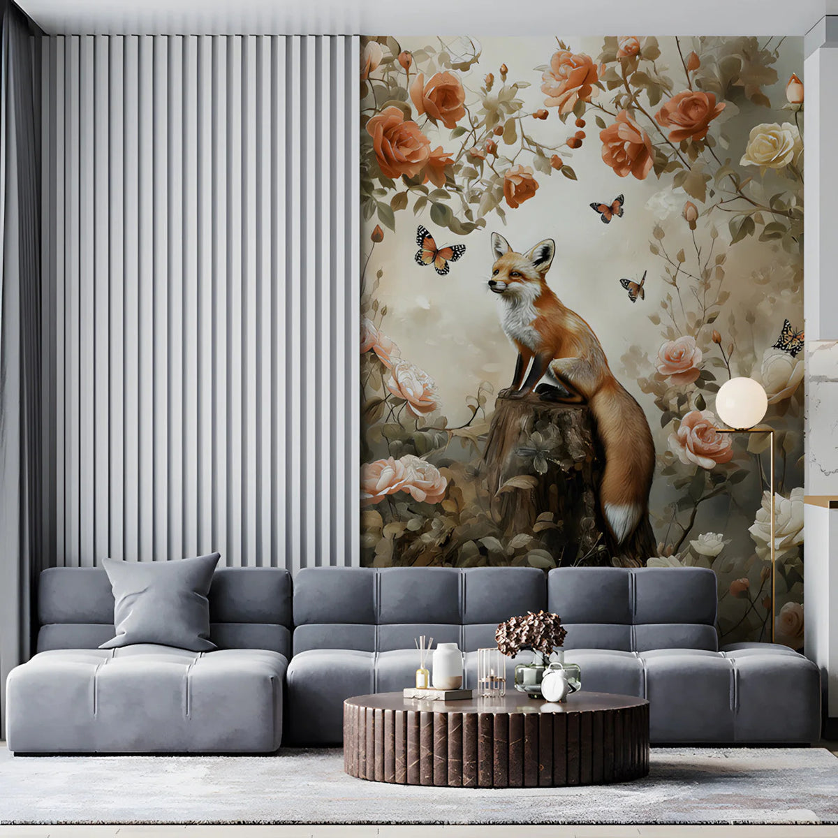 Fox and Rose Garden Mural Wallpaper — Whimsical Nature Scene Mural Wallpaper - room preview 02