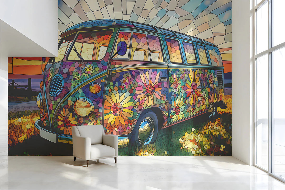 Stained Glass Camper Van Mural Wallpaper — Retro Floral Design Mural Wallpaper - room preview 02