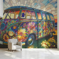 Stained Glass Camper Van Mural Wallpaper — Retro Floral Design Mural Wallpaper - room preview 02