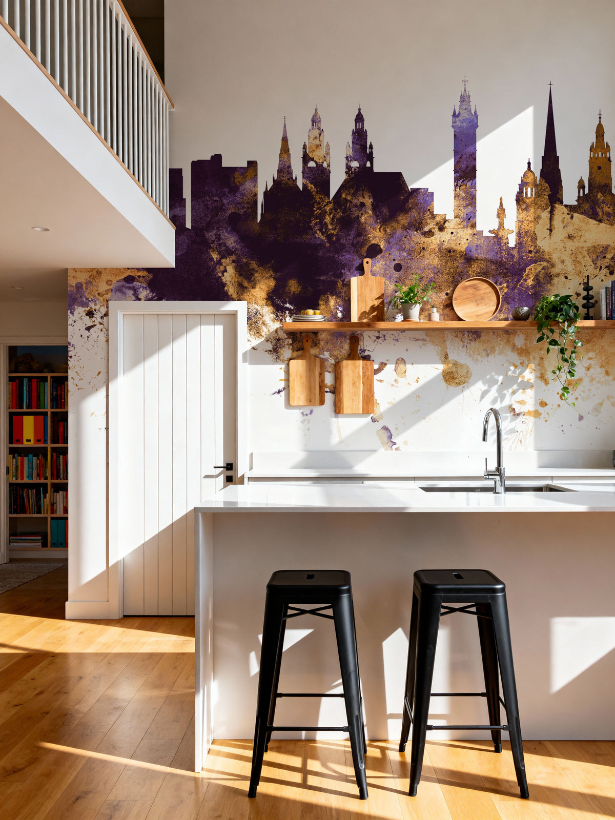 Glasgow Scotland Skyline Purple & Gold Mural Wallpaper - room preview 02