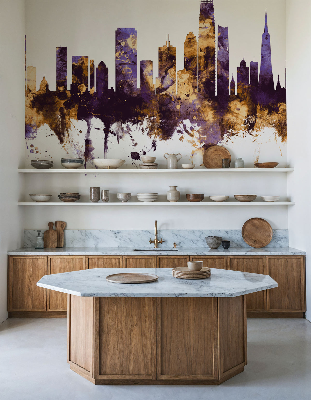 San Francisco Skyline Purple & Gold Mural Wallpaper - room preview 02