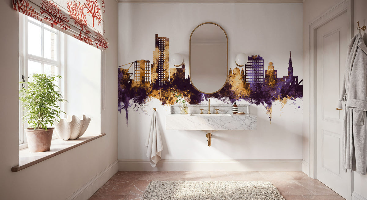 Wolverhampton England Skyline Purple & Gold Mural Wallpaper - room preview 02