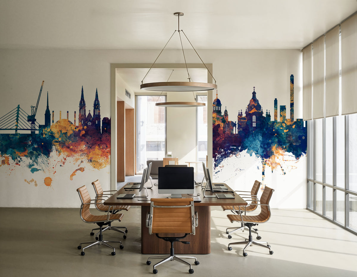 Helsinki Skyline Blue & Bronze Mural Wallpaper - room preview 02