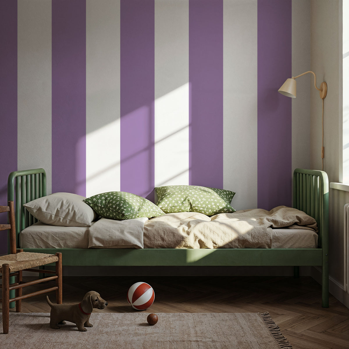 Scalloped Circus Stripes, Purple Mural Wallpaper - room preview 02