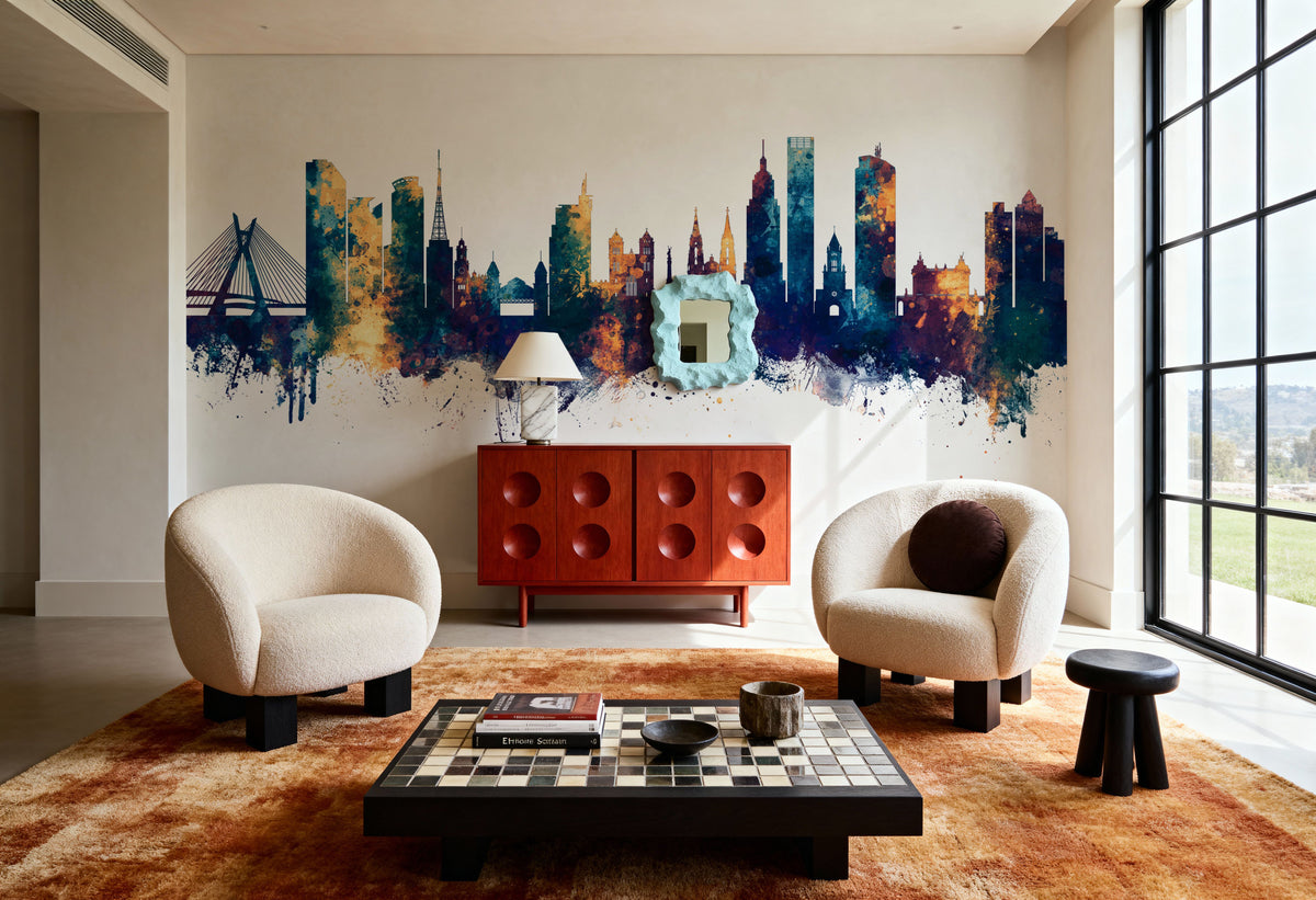 São Paulo Brazil Skyline Blue & Bronze Mural Wallpaper - room preview 02