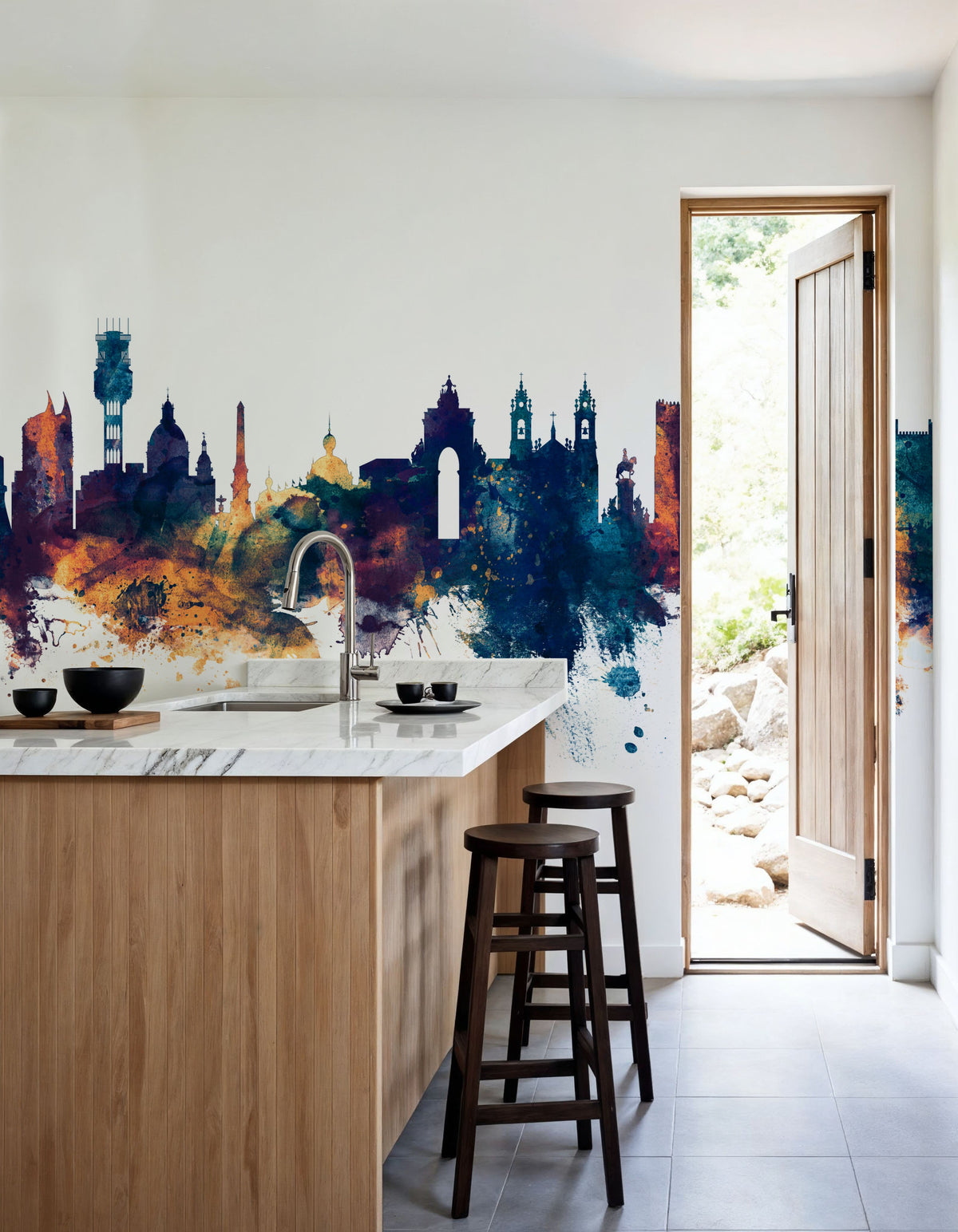Lisbon Portugal Skyline Blue & Bronze Mural Wallpaper - room preview 02