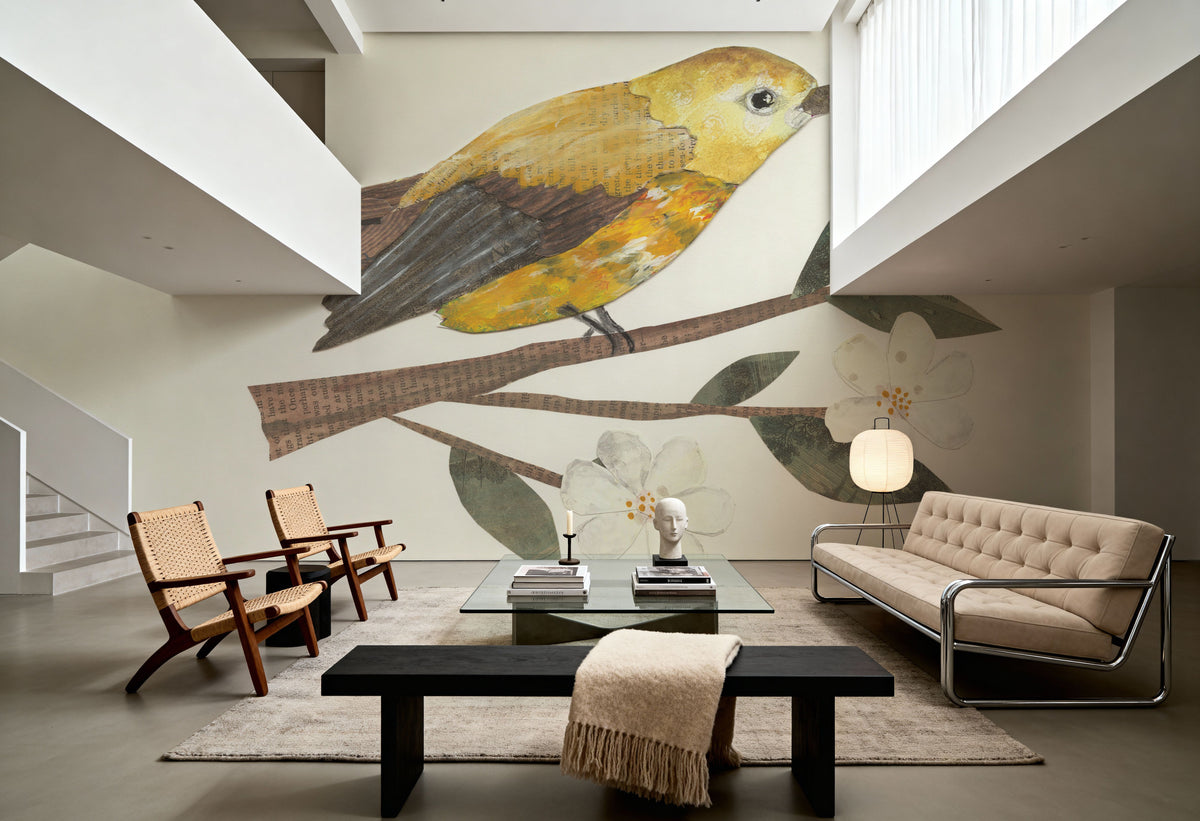 Yellow Paper Bird Mural Wallpaper - room preview 02