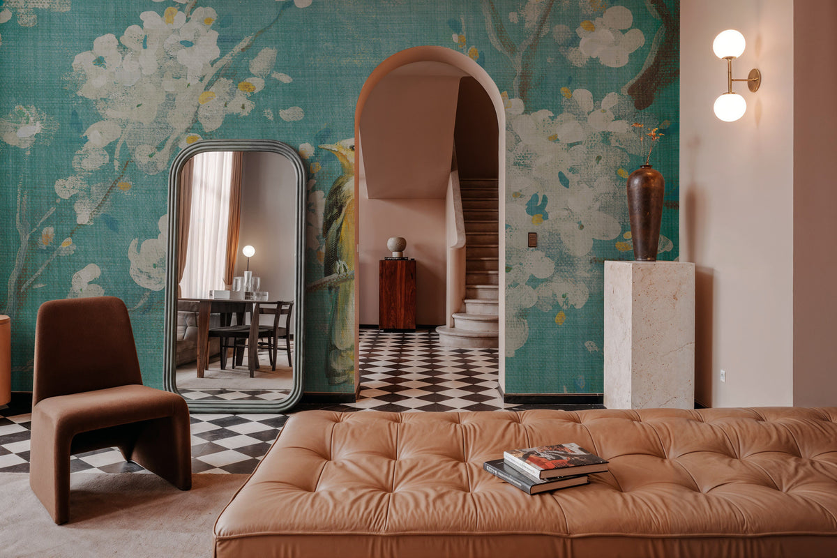 White Cherry Blossoms I on Blue Aged Mural Wallpaper - room preview 02
